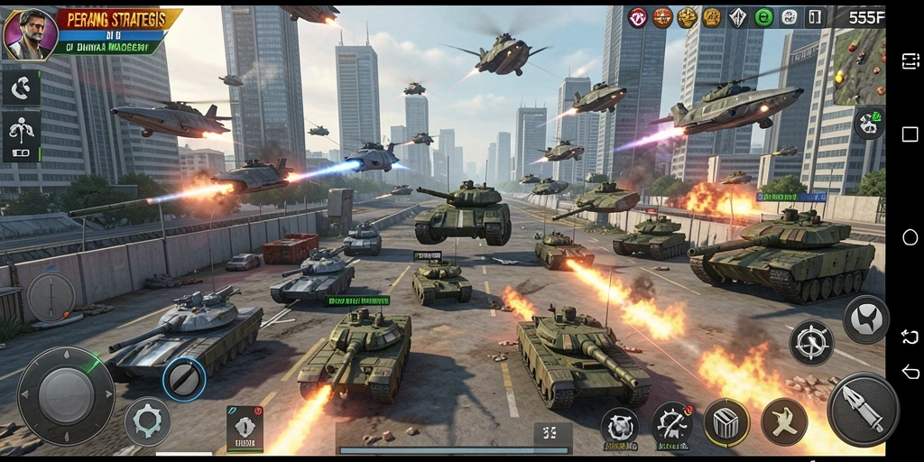 Screenshot gameplay 555F menampilkan aksi pertempuran sengit di medan tempur.