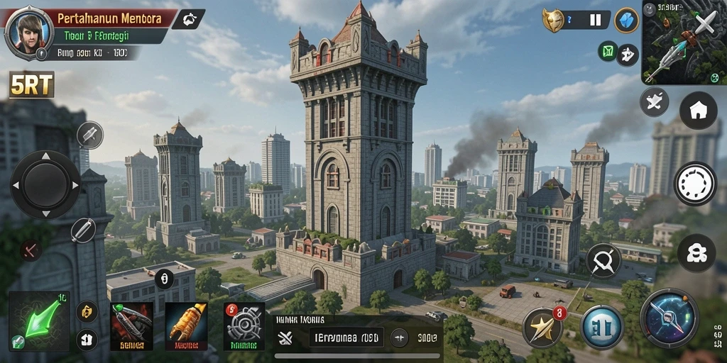 Tangkapan layar 5RT menampilkan aksi seru Tower Defense dengan berbagai menara yang dibangun.