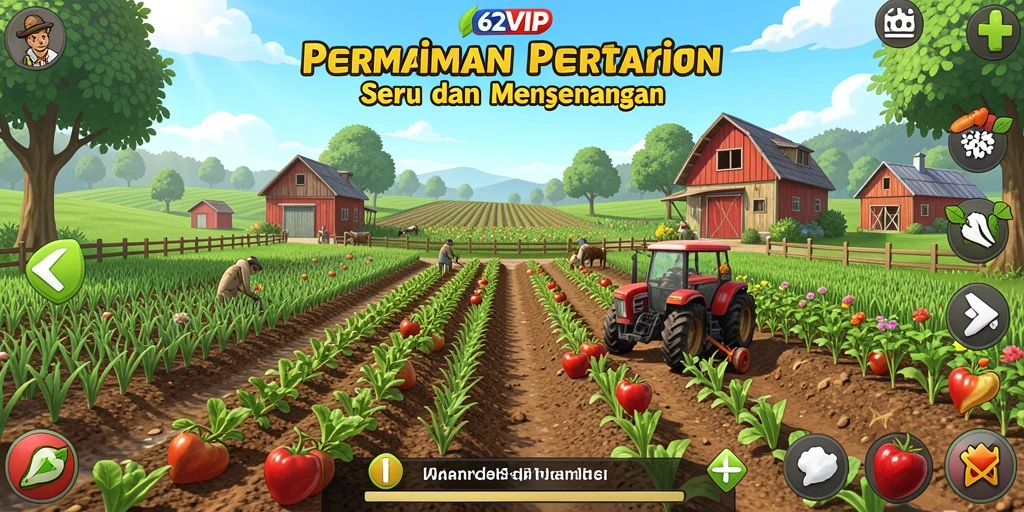 Tampilan gameplay 62VIP dengan aktivitas bertani yang seru.