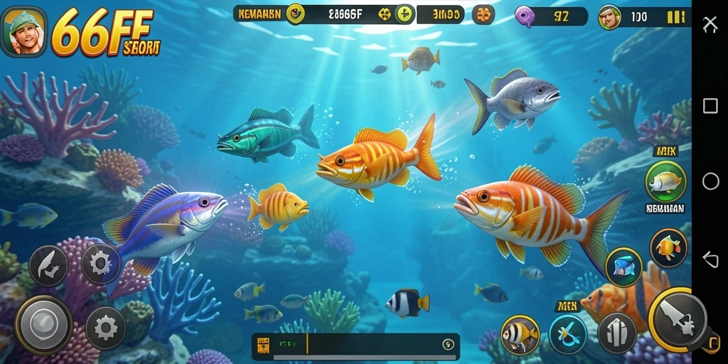 Screenshot gameplay 666FF menampilkan suasana bawah laut dan aksi menangkap ikan.