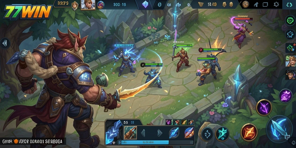 Tampilan gameplay seru dalam pertempuran MOBA di 77WIN.