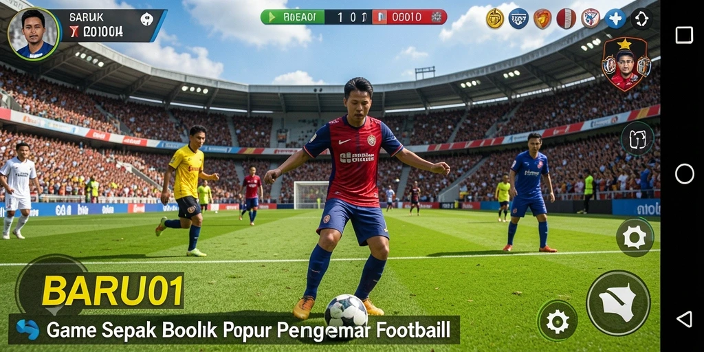 Screenshot gameplay BARU01 yang menunjukkan aksi sepak bola seru