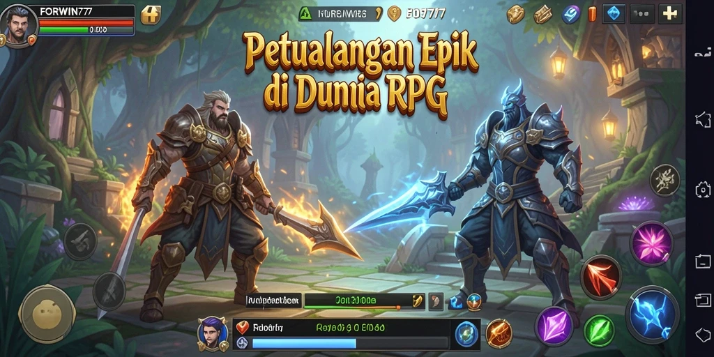 Tangkapan layar utama FORWIN77 menampilkan karakter beraksi dalam petualangan RPG yang mendebarkan.