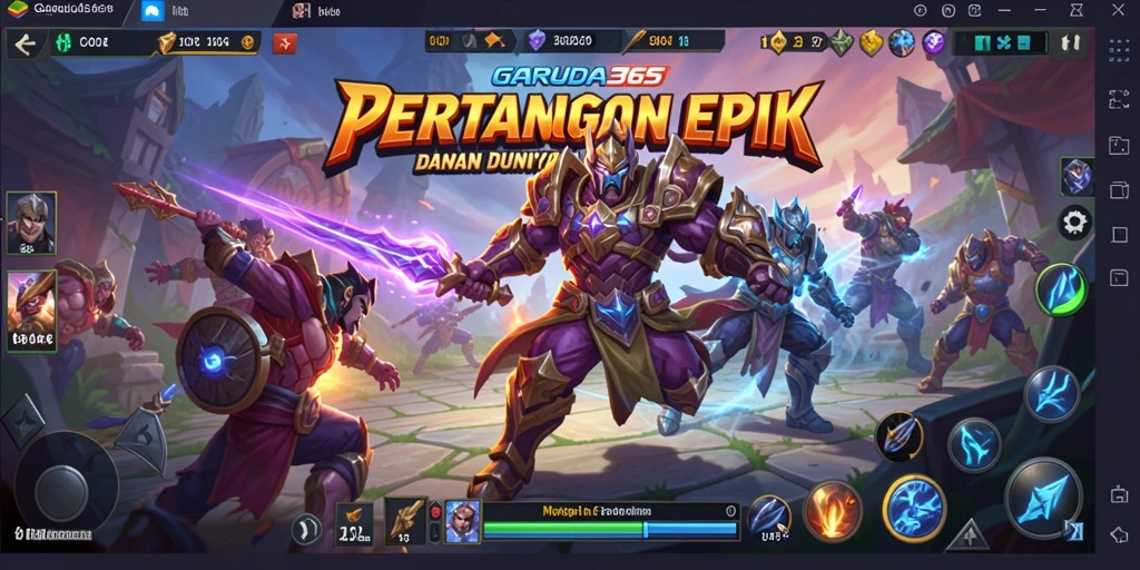 Tampilan gameplay epik dalam game MOBA GARUDA365.