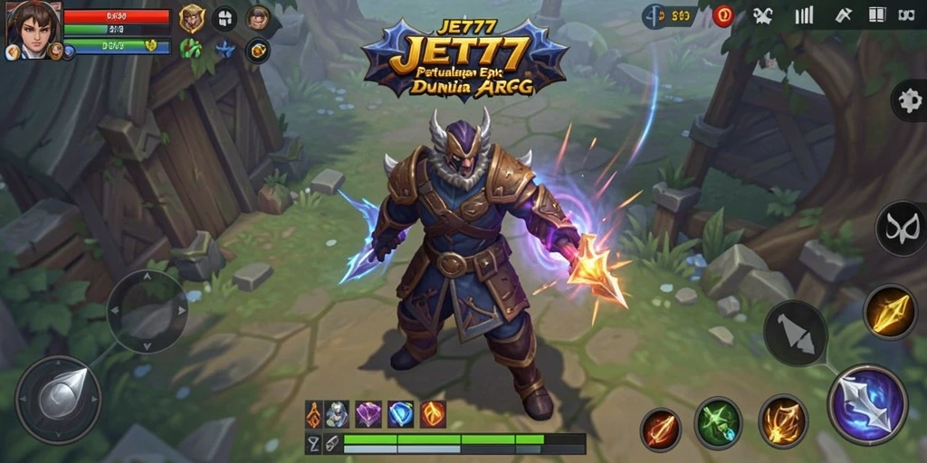 Gameplay seru JET77 dengan aksi pertempuran ARPG di layar.
