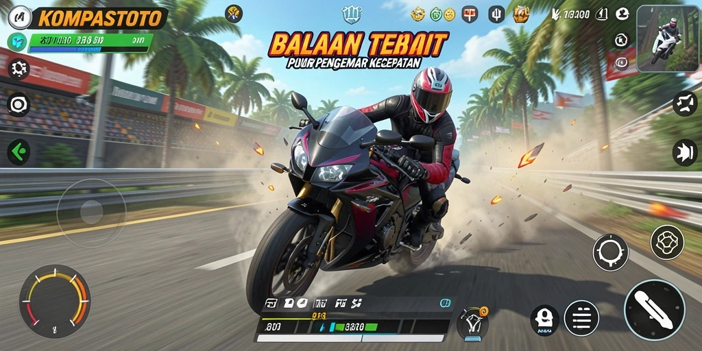 Screenshot gameplay menampilkan aksi balapan motor yang mendebarkan.