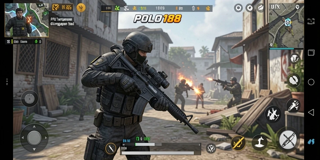 Screenshot utama POLO188 menunjukkan aksi pertempuran FPS yang intens.