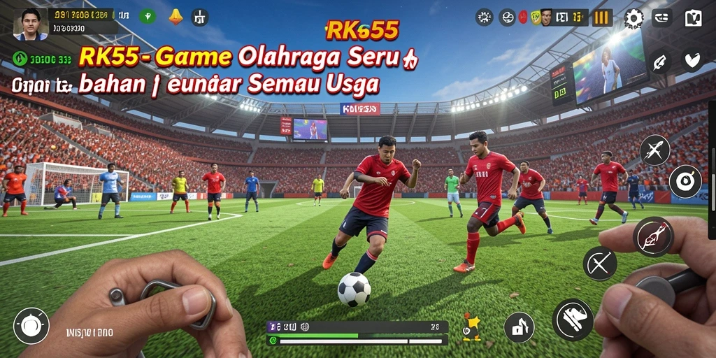 Tampilan gameplay RK55 menampilkan aksi seru di lapangan olahraga.