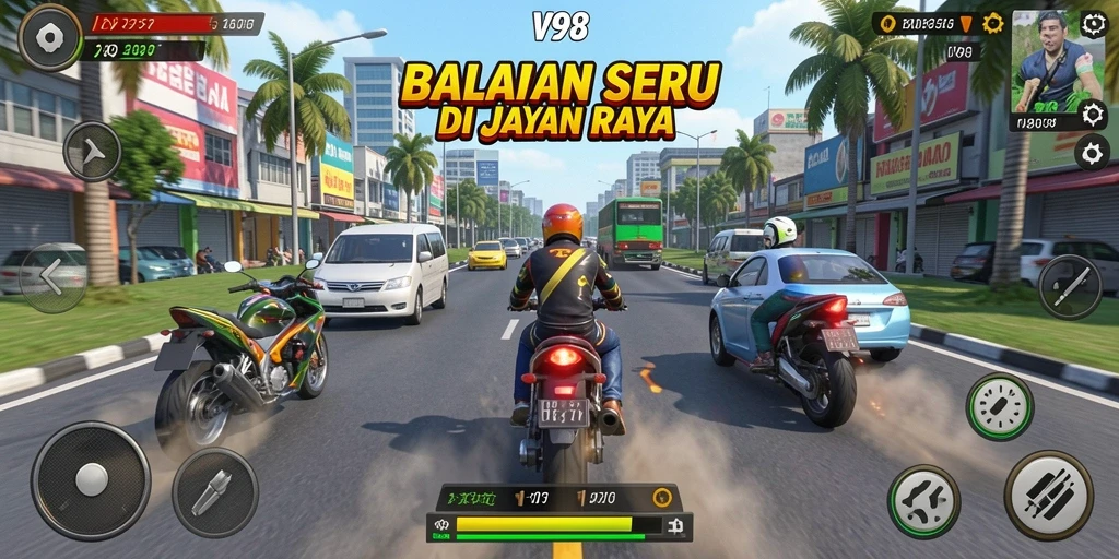 Tampilan gameplay V98 dengan mobil balap yang melaju kencang.